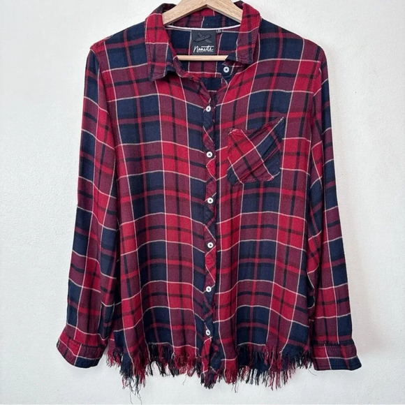 Nanette Lepore Womens  Xlarge Plaid Rayon Fringe Hem Button Shirt - Picture 1 of 13